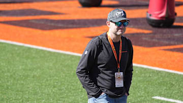 Bengals Director of Player Personnel Duke Tobin watches practices during the 2024 Senior Bowl in Mobile Alabama on Tuesday January 30, 2024.