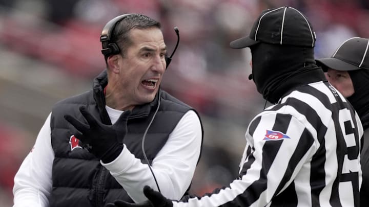 Nov 29, 2024; Madison, Wisconsin, USA; Wisconsin head coach Luke Fickell argues a call during the second quarter of their game against Minnesota at Camp Randall Stadium. Mandatory Credit: Mark Hoffman/USA TODAY Network via Imagn Images