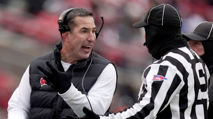 Wisconsin head coach Luke Fickell argues a call during the second quarter of their game against Minnesota at Camp Randall Stadium Friday, Nov. 29, 2024, in Madison, Wisconsin.