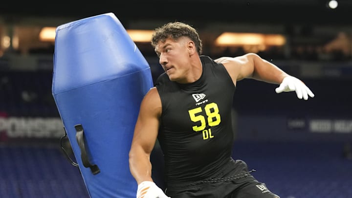 Feb 26, 2026; Indianapolis, IN, USA; Wisconsin defensive lineman Mason Reiger (DL58) during the NFL Scouting Combine  at Lucas Oil Stadium. Mandatory Credit: Kirby Lee-Imagn Images