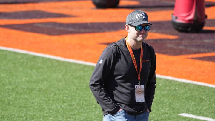 Bengals Director of Player Personnel Duke Tobin watches practices during the 2024 Senior Bowl in