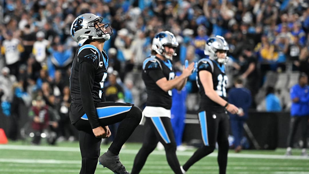 Jan 10, 2026; Charlotte, NC, USA; Carolina Panthers quarterback Bryce Young (9) reacts in the fourth quarter in an NFC Wild Card Round game at Bank of America Stadium. Mandatory Credit: Bob Donnan-Imagn Images