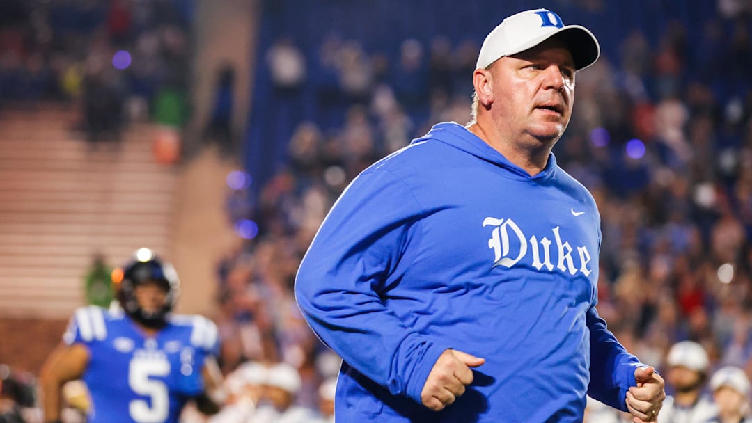 Oct 14, 2023; Durham, North Carolina, USA; Duke Blue Devils head coach Mike Elko runs out before the