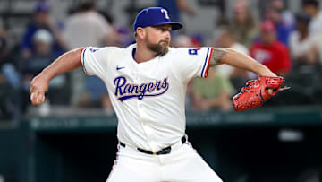 Sep 18, 2024; Arlington, Texas, USA;  Texas Rangers relief pitcher Kirby Yates (39) throws during the ninth inning against the Toronto Blue Jays at Globe Life Field. Mandatory Credit: Kevin Jairaj-Imagn Images