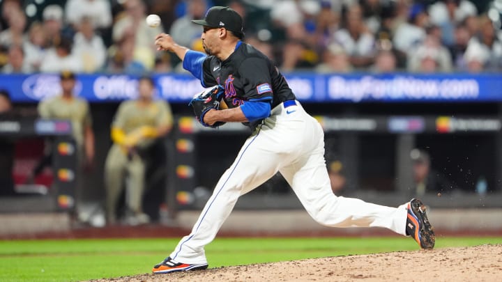 Jun 14, 2024; New York City, New York, USA; New York Mets pitcher Edwin Diaz (39) delivers a pitch against the San Diego Padres during the ninth inning at Citi Field. Mandatory Credit: Gregory Fisher-USA TODAY Sports