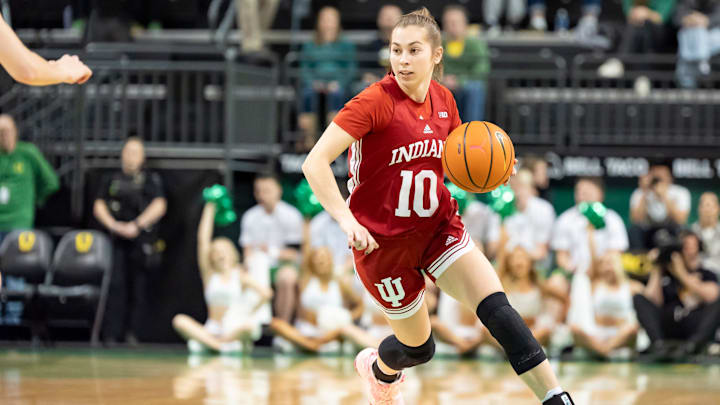 Indiana guard Shay Ciezki moves the ball up the court as the Oregon Ducks host the Indiana Hoosiers Friday, Jan. 24, 2025, at Matthew Knight Arena in Eugene, Ore.