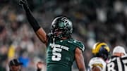 Michigan State linebacker Jordan Hall (5) celebrates a play against Michigan during the first half at Spartan Stadium in East Lansing on Saturday, October 25, 2025.