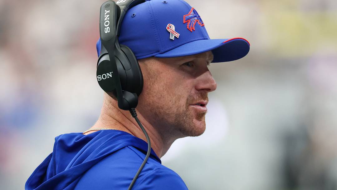 Buffalo Bills head coach Joe Brady walks the sidelines.
