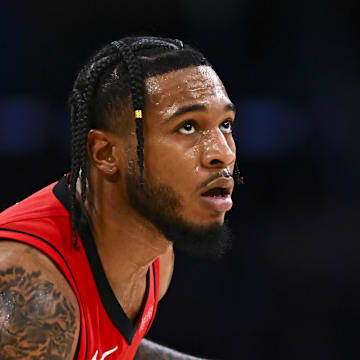 Apr 11, 2025; Los Angeles, California, USA; Houston Rockets forward Cam Whitmore (7) looks to shoot against the Los Angeles Lakers during the second half at Crypto.com Arena. Mandatory Credit: Jonathan Hui-Imagn Images
