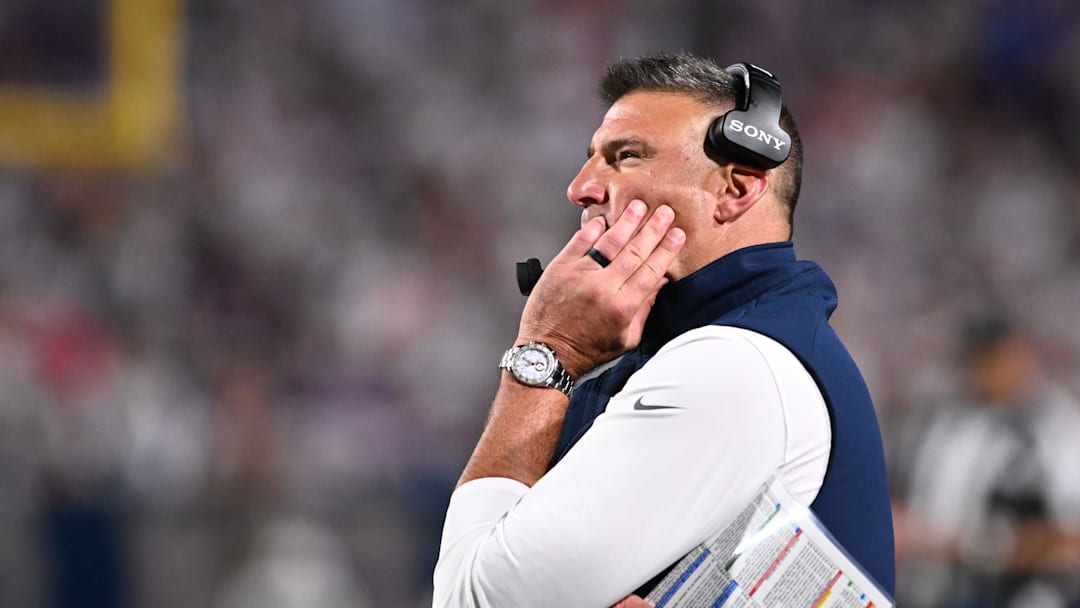 Oct 5, 2025; Orchard Park, New York, USA; New England Patriots head coach Mike Vrabel reacts during the second half at Highmark Stadium. Mandatory Credit: Mark Konezny-Imagn Images