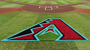 Apr 16, 2024; Phoenix, Arizona, USA; General view of the Arizona Diamondbacks logo on the field prior to the game against the Chicago Cubs at Chase Field. Mandatory Credit: Matt Kartozian-Imagn Images