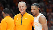 Tennessee head coach Rick Barnes and Tennessee's Zakai Zeigler (5) during Senior Day presentations after a men’s college basketball game between Tennessee and South Carolina at Thompson-Boling Arena at Food City Center, Saturday, March 8, 2025.