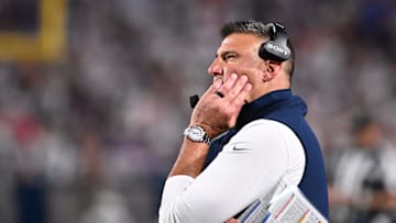 Oct 5, 2025; Orchard Park, New York, USA; New England Patriots head coach Mike Vrabel reacts during the second half at Highmark Stadium. Mandatory Credit: Mark Konezny-Imagn Images