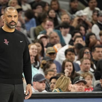 Mar 12, 2024; San Antonio, Texas, USA; Houston Rockets head coach Ime Udoka watches the second half of play against the San Antonio Spurs at Frost Bank Center. Mandatory Credit: Scott Wachter-USA TODAY Sports