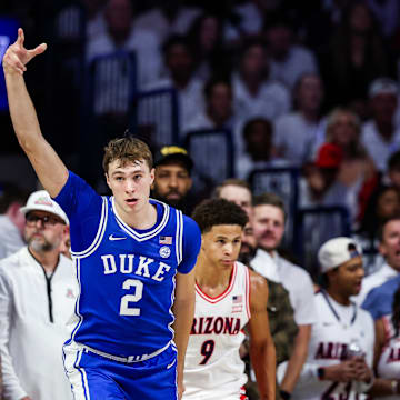 Duke Blue Devils forward Cooper Flagg celebrates a three pointer made during the second half against the Arizona Wildcat at McKale Center on November 22, 2024. 