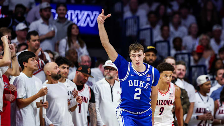 Nov 22, 2024; Tucson, Arizona, USA; Duke basketball forward Cooper Flagg (2) celebrates a three pointer made during the second half against the Arizona Wildcat at McKale Center. Mandatory Credit: Aryanna Frank-Imagn Images