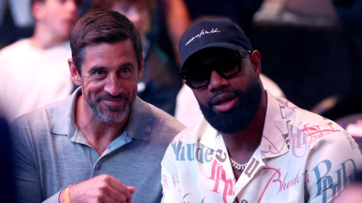 Ex-Cal quarterback Aaron Rodgers and Marcedes Lewis at UFC 303 in Las Vegas on June 29