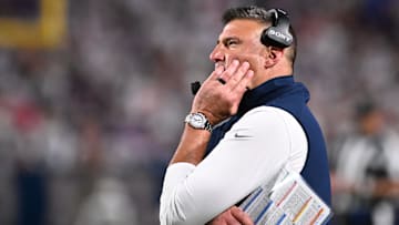Oct 5, 2025; Orchard Park, New York, USA; New England Patriots head coach Mike Vrabel reacts during the second half at Highmark Stadium. Mandatory Credit: Mark Konezny-Imagn Images