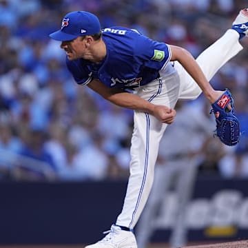 Jul 3, 2025; Toronto, Ontario, CAN;  Toronto Blue Jays starting pitcher Chris Bassitt (40) pitches to the New York Yankees during the first inning at Rogers Centre. 