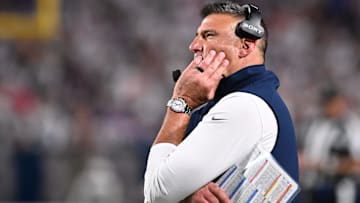 Oct 5, 2025; Orchard Park, New York, USA; New England Patriots head coach Mike Vrabel reacts during the second half at Highmark Stadium.