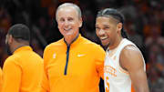 Tennessee head coach Rick Barnes and Tennessee's Zakai Zeigler (5) during Senior Day presentations after a menâ€™s college basketball game between Tennessee and South Carolina at Thompson-Boling Arena at Food City Center, Saturday, March 8, 2025.
