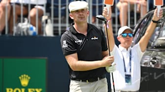 Harry Hall watches his tee shot on the first hole during the third round of the BMW Championship golf tournament. Mandatory Credit: Rafael Suanes-Imagn Images