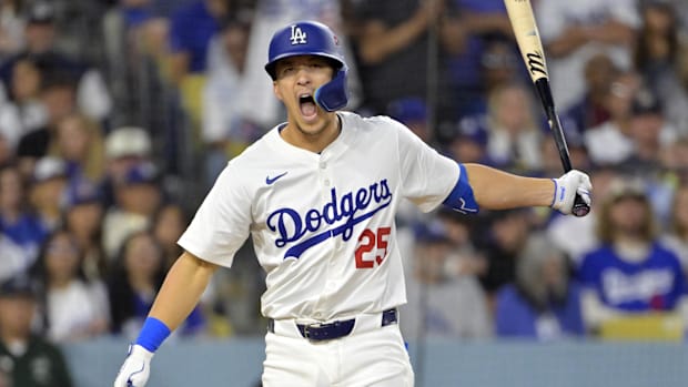 Dodgers shortstop Tommy Edman reacts after hitting a home run in Game 6 of the 2024 NLCS