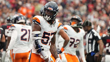 Nov 2, 2025; Houston, Texas, USA; Denver Broncos linebacker Dre Greenlaw (57) reacts after a play during the first half against the Houston Texans at NRG Stadium. Mandatory Credit: Sean Thomas-Imagn Images