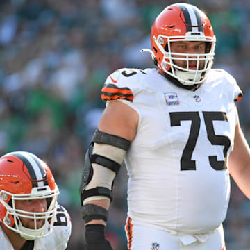 Oct 13, 2024; Philadelphia, Pennsylvania, USA; Cleveland Browns guard Joel Bitonio (75) against the Philadelphia Eagles at Lincoln Financial Field. Mandatory Credit: Eric Hartline-Imagn Images