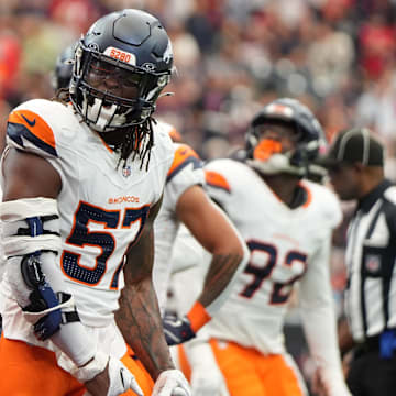 Nov 2, 2025; Houston, Texas, USA; Denver Broncos linebacker Dre Greenlaw (57) reacts after a play during the first half against the Houston Texans at NRG Stadium. 