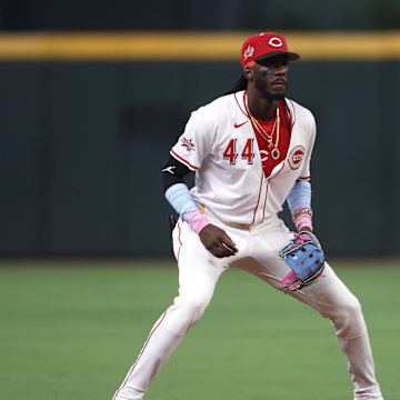 Jul 15, 2025; Cumberland, Georgia, USA; National League shortstop Elly De La Cruz (44) of the Cincinnati Reds in the sixth inning during the 2025 MLB All Star Game at Truist Park. Mandatory Credit: Brett Davis-Imagn Images