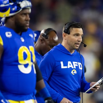 Jan 13, 2025; Glendale, AZ, USA; Los Angeles Rams defensive coordinator Chris Shula against the Minnesota Vikings during an NFC wild card game at State Farm Stadium. Mandatory Credit: Mark J. Rebilas-Imagn Images