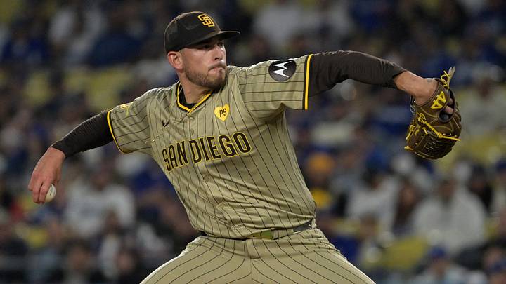 Sep 26, 2024; Los Angeles, California, USA;  San Diego Padres starting pitcher Joe Musgrove (44) delivers to the plate in the first inning against the Los Angeles Dodgers at Dodger Stadium. Mandatory Credit: Jayne Kamin-Oncea-Imagn Images