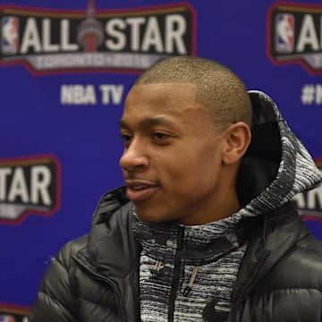 Feb 12, 2016; Toronto, Ontario, Canada; Eastern Conference guard Isaiah Thomas of the Boston Celtics (4) speaks during media day for the 2016 NBA All Star Game at Sheraton Centre. Mandatory Credit: Bob Donnan-Imagn Images