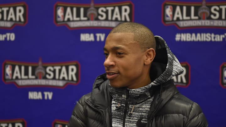 Feb 12, 2016; Toronto, Ontario, Canada; Eastern Conference guard Isaiah Thomas of the Boston Celtics (4) speaks during media day for the 2016 NBA All Star Game at Sheraton Centre. Mandatory Credit: Bob Donnan-Imagn Images