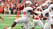 Sep 11, 2021; Syracuse, New York, USA; Rutgers Scarlet Knights defensive lineman CJ Onyechi (26) celebrates a fumble recovery against the Syracuse Orange in the fourth quarter at the Carrier Dome. Mandatory Credit: Mark Konezny-Imagn Images