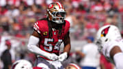 Oct 6, 2024; Santa Clara, California, USA; San Francisco 49ers linebacker Fred Warner (54) during the first quarter against the Arizona Cardinals at Levi's Stadium. Mandatory Credit: Darren Yamashita-Imagn Images