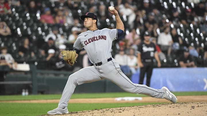 Sep 9, 2024; Chicago, Illinois, USA;  Cleveland Guardians pitcher Joey Cantillo (54) delivers during the fifth inning against the Chicago White Sox at Guaranteed Rate Field. Mandatory Credit: Matt Marton-Imagn Images