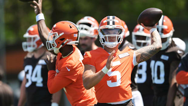 May 10, 2025; Berea, OH, USA; Cleveland Browns quarterback Dillon Gabriel (5) and quarterback Shedeur Sanders (12) throw pass