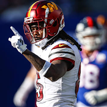 Washington Commanders wide receiver Noah Brown (85) reacts after a reception against the New York Giants