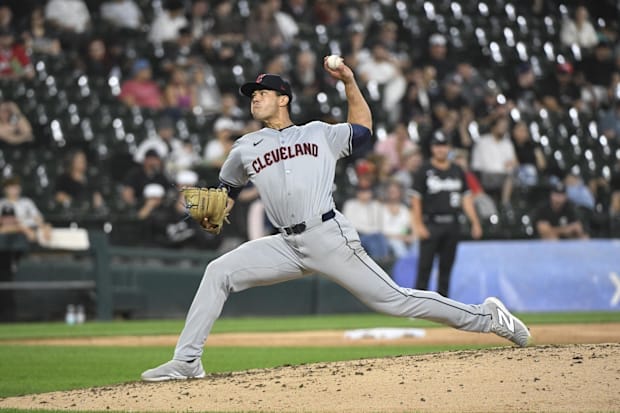 Joey Cantillo throws a pitch 