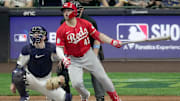 Cincinnati Reds third baseman Sal Stewart (43) watches his solo home run during the sixth inning of their game against the Milwaukee Brewers Saturday, September 27, 2025 at American Family Field in Milwaukee, Wisconsin.
