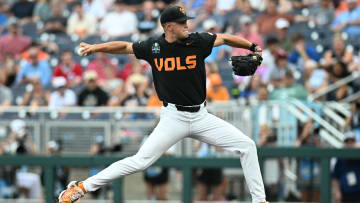 Jun 16, 2024; Omaha, NE, USA;  Tennessee Volunteers starting pitcher Drew Beam (32) throws against the North Carolina Tar Heels during the first inning at Charles Schwab Field Omaha. Mandatory Credit: Steven Branscombe-USA TODAY Sports
