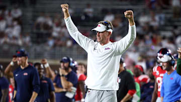 Aug 30, 2025; Oxford, Mississippi, USA; Mississippi Rebels head coach Lane Kiffin gestures during the fourth quarter against the Georgia State Panthers at Vaught-Hemingway Stadium. Mandatory Credit: Petre Thomas-Imagn Images