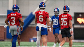 New York Giants quarterbacks Russell Wilson (3), Jaxson Dart (6) and Tommy DeVito (15) perform drills together during Mandatory Minicamp at Quest Diagnostics Giants Training Center in East Rutherford on Tuesday, June 17, 2025.