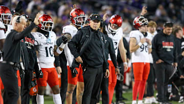Nov 23, 2024; Manhattan, Kansas, USA; Cincinnati Bearcats head coach Scott Satterfield looks on during the fourth quarter against the Kansas State Wildcats at Bill Snyder Family Football Stadium. Mandatory Credit: Scott Sewell-Imagn Images