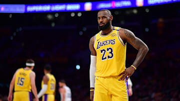 Apr 3, 2025; Los Angeles, California, USA; Los Angeles Lakers forward LeBron James (23) during the second half at Crypto.com Arena. Mandatory Credit: Gary A. Vasquez-Imagn Images