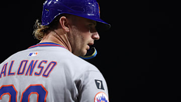 Sep 10, 2025; Philadelphia, Pennsylvania, USA; New York Mets first base Pete Alonso (20) prepares to bat against the Philadelphia Phillies at Citizens Bank Park. Mandatory Credit: Bill Streicher-Imagn Images