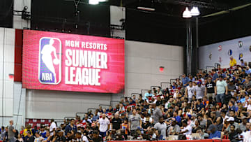 Jul 6, 2018; Las Vegas, NV, USA; Detailed view of a NBA Summer League logo in the Cox Pavilion during a Brooklyn Nets game against the Orlando Magic. Mandatory Credit: Mark J. Rebilas-Imagn Images