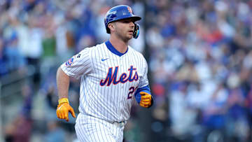 Oct 18, 2024; New York City, New York, USA; New York Mets first baseman Pete Alonso (20) rounds the bases after hitting a three run home run against the Los Angeles Dodgers during the first inning of game five of the NLCS during the 2024 MLB playoffs at Citi Field. Mandatory Credit: Brad Penner-Imagn Images